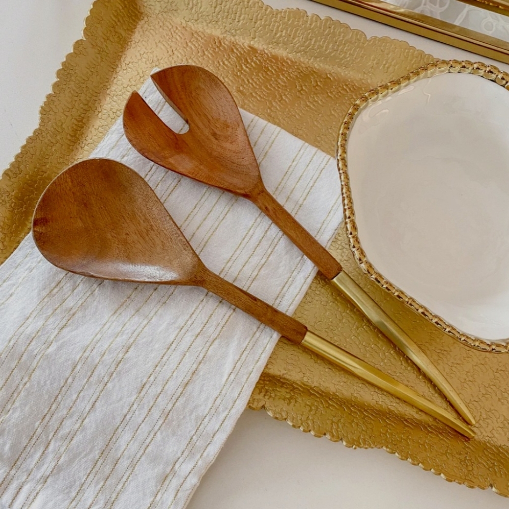 Wood Salad Servers with Gold Metal Handles. NIB